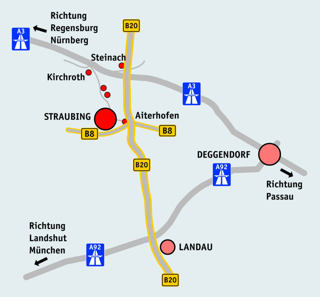 Anfahrtsplan nach Straubing (weiter Umgriff)
