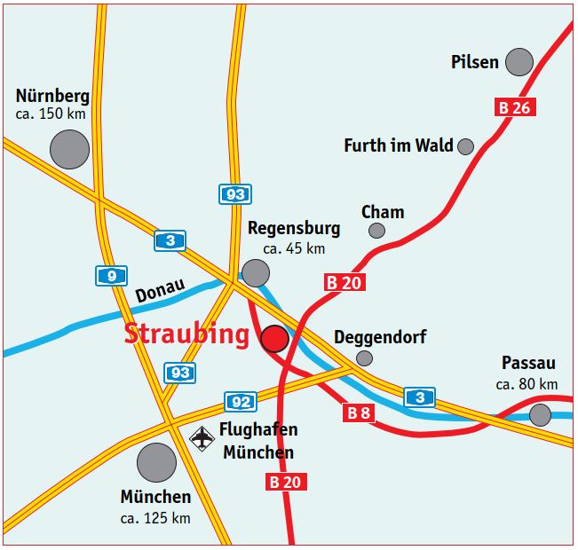 Anfahrtsplan nach Straubing (weiter Umgriff)